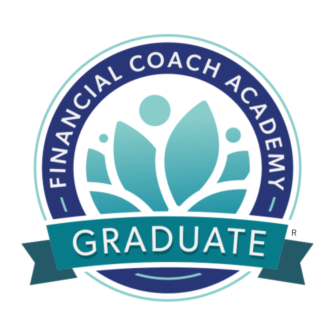 A badge with a blue and white color scheme that reads "Financial Coach Academy Graduate".