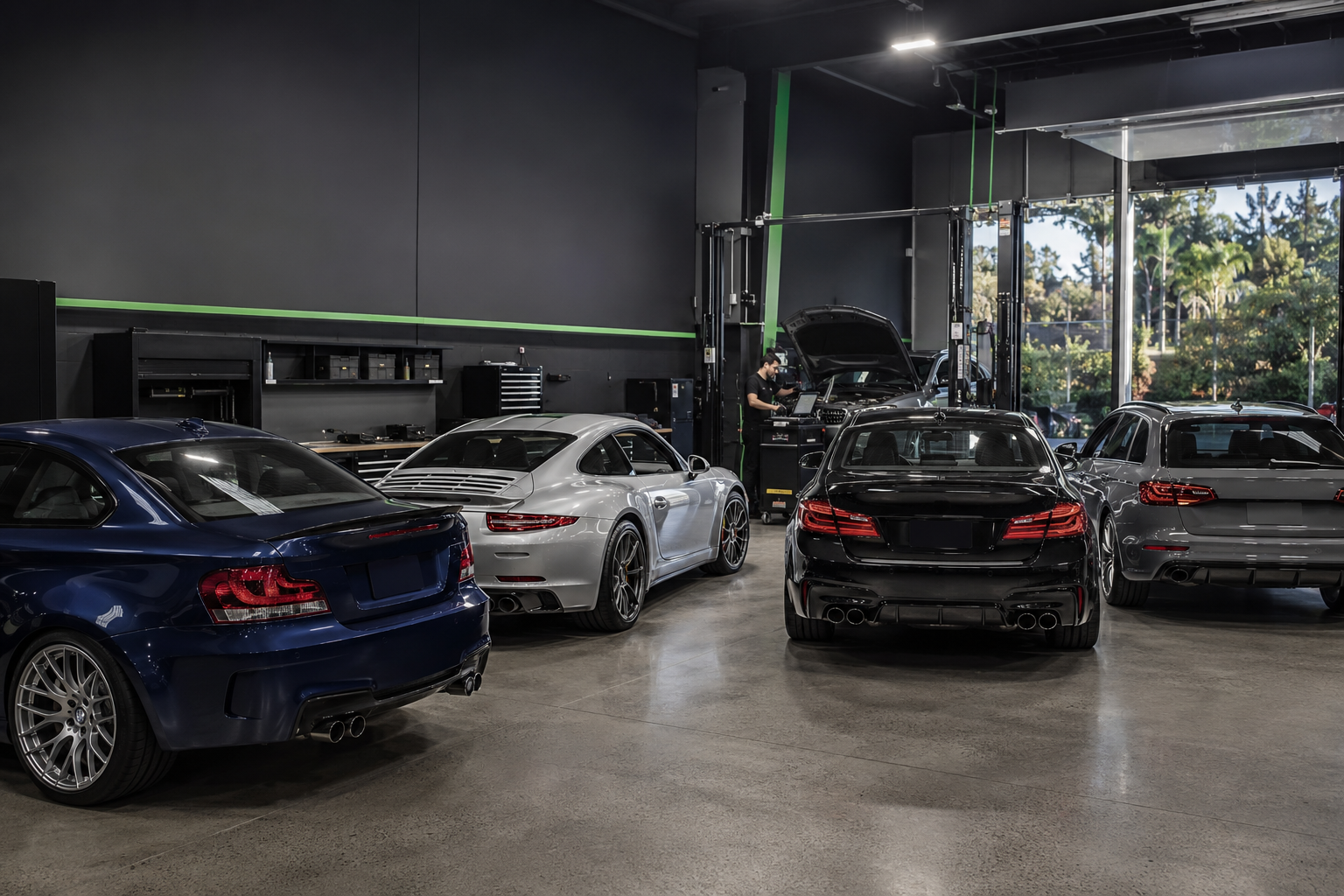 European performance vehicles in a specialist brakes and suspension workshop