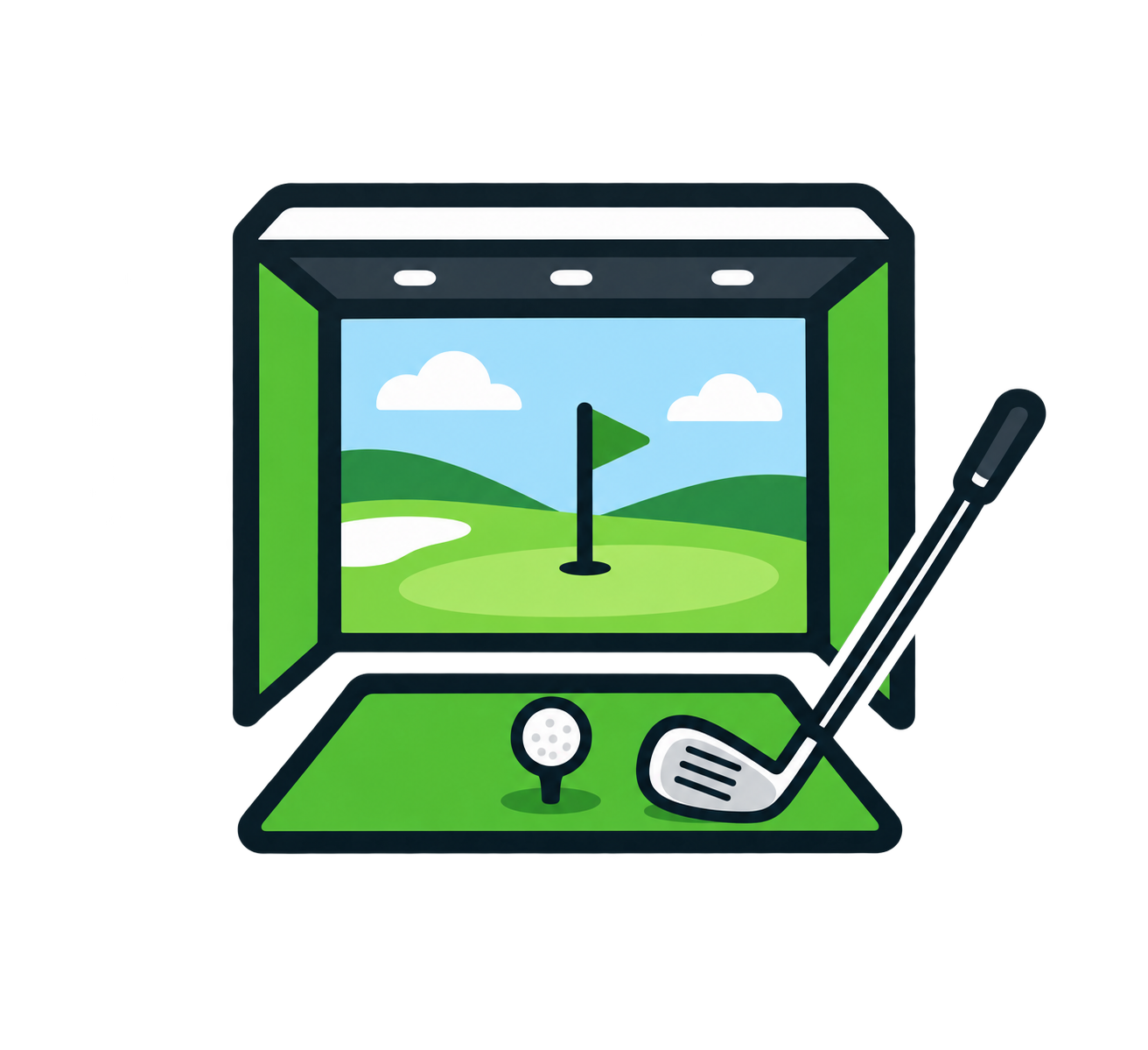 Indoor golf practice area with artificial turf, small water hazard with blue lining, trees, flags, and golf balls.