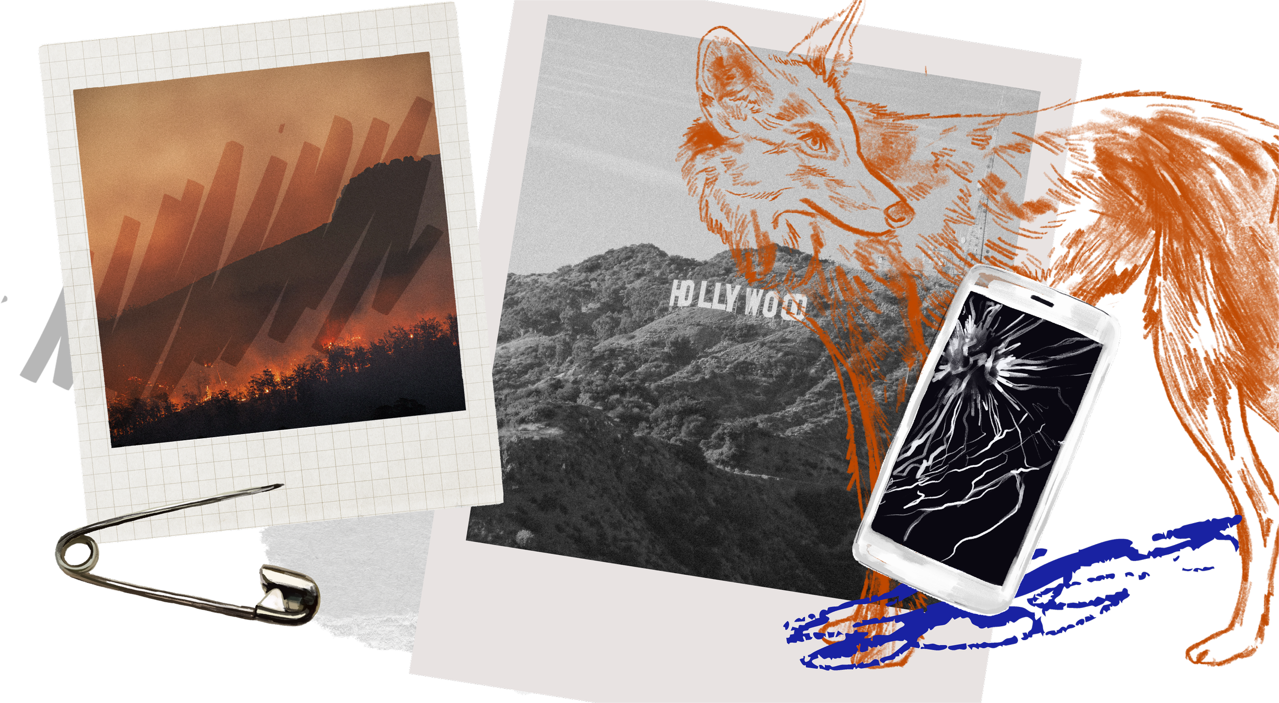 A collage featuring a photograph of a wildfire on a mountain with smoke and flames, a black-and-white picture of the Hollywood sign, a drawing of a fox, and a smartphone with a cracked screen, all layered together on a black background.