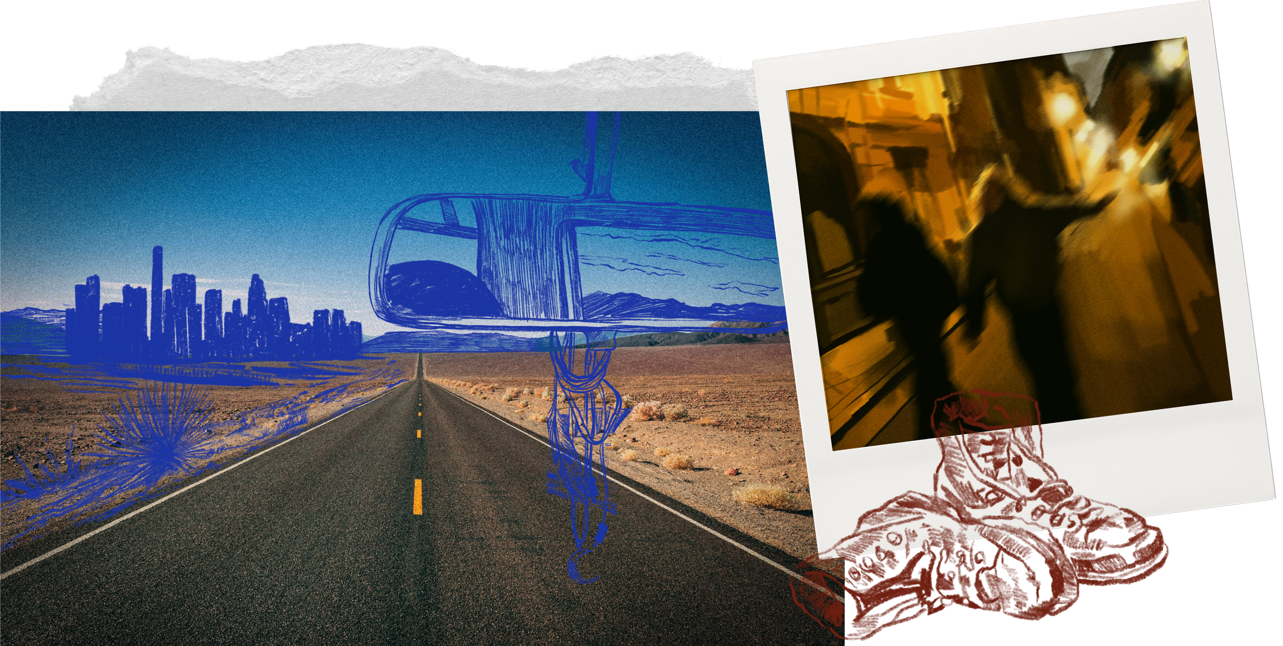A surreal collage featuring a desert road leading to a city skyline in the distance, with a large blue sketch of a rearview mirror and hanging blue sketch of a person holding a leash, along with a Polaroid photo of two people walking on a street at night, and red sketches of sneakers.