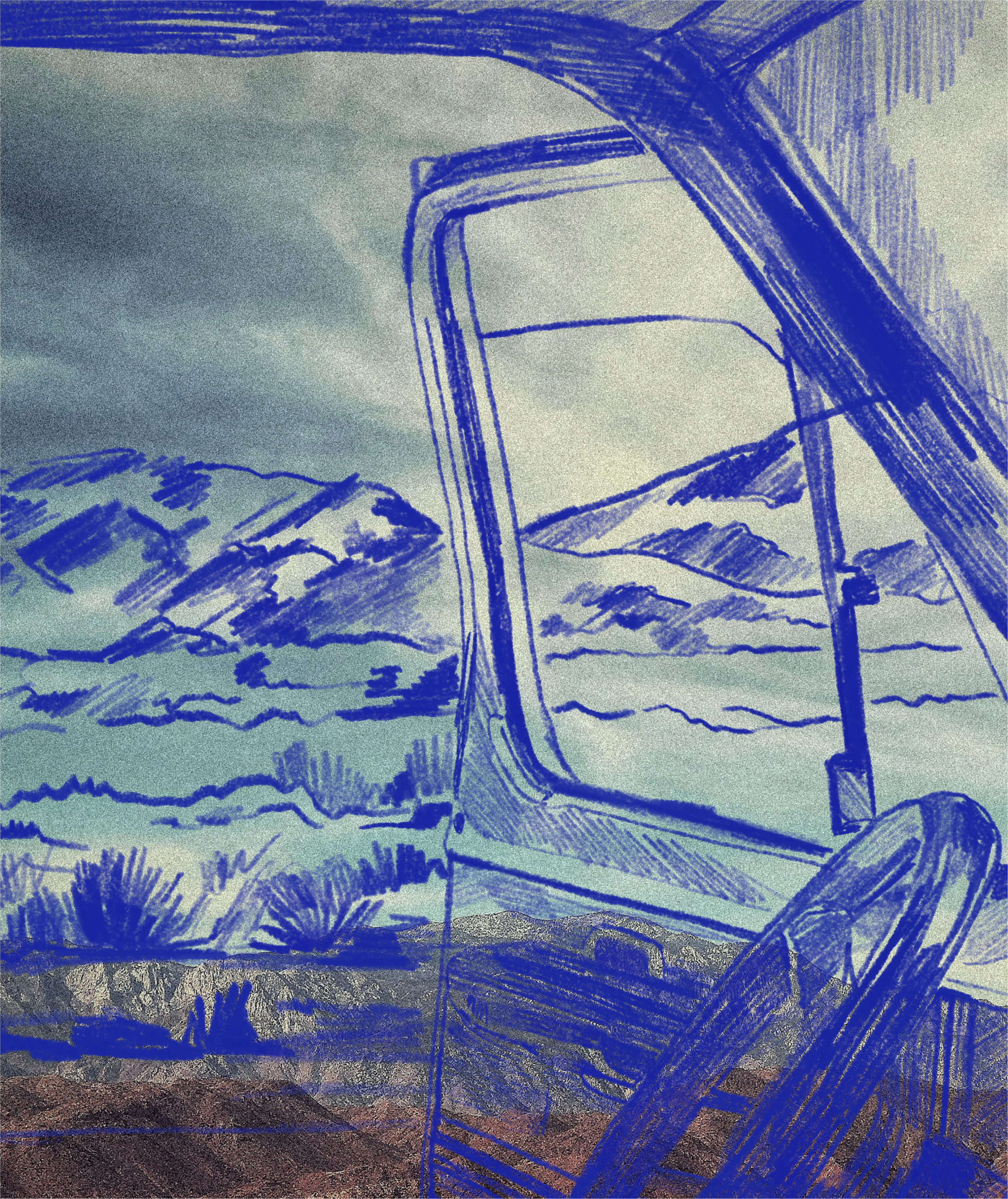 A sketch of a landscape viewed through a vehicle's side mirror, showing mountains and cloudy sky.