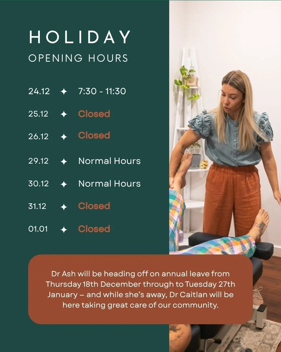 Here are our holiday hours 🎄⁠
As we move into the festive season, we want to help you plan ahead and keep your visits running smoothly.⁠
⁠
Dr Ash will be on annual leave from Dec 18&ndash;Jan 27, and we&rsquo;re so lucky to have our favourite little