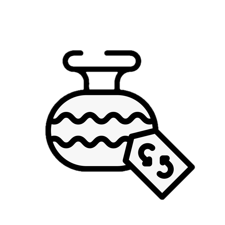 A line drawing of a vase with a price tag attached. This icon highlights Richelle Kokol's, ISA CAPP, expertise in Advisory & Consulting - Informed, objective, insight to support confident collection management decisions.