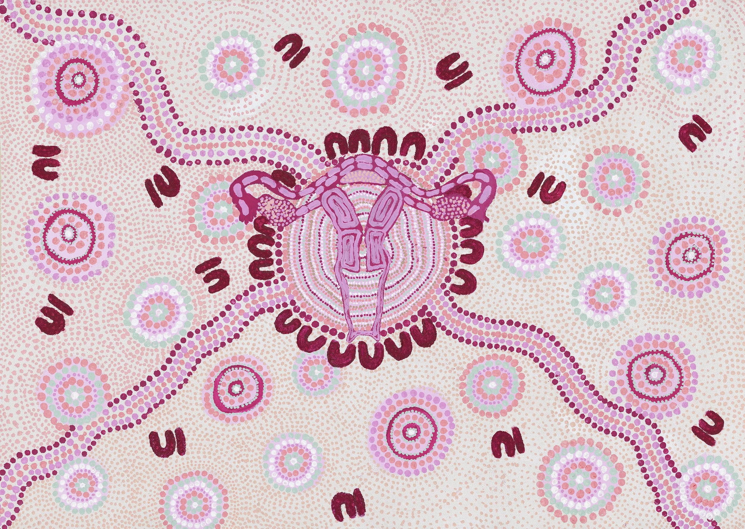 An Aboriginal-style dot painting featuring a central kangaroo with extended legs and tail, surrounded by circular dot patterns in shades of pink, purple, white, and green.