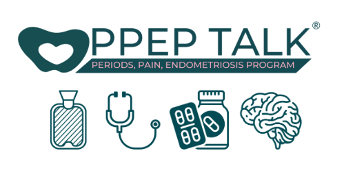 Logo for PEP TALK program with icons of a heating pad, stethoscope, medication bottles, and a brain.