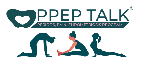 Logo for Pep Talk with silhouettes of three women stretching in different positions, promoting awareness of periods, pain, and endometriosis.
