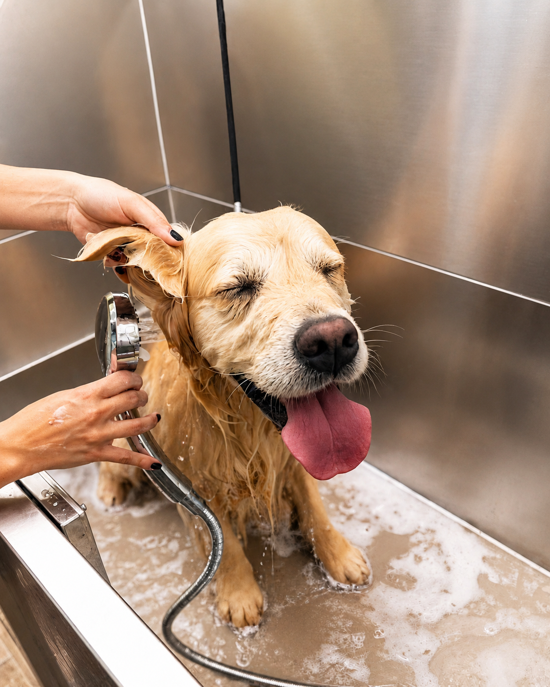 Self service bath with wet, soapy dog