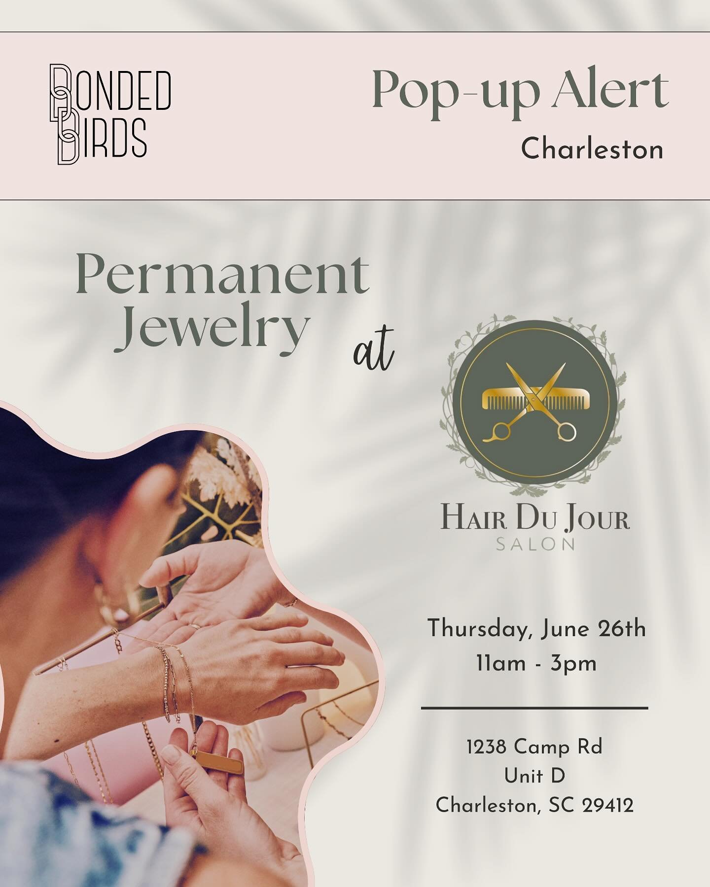 📣 Pop-up &bull; Charleston
📍 Hair du Jour Salon 
🐦&zwj;⬛ Thursday, June 26th
🐦&zwj;⬛ 11am - 3pm
🐦&zwj;⬛ link in bio for appointment
 (walk-ins welcome)
 
@hair_du_jour @kfhorn #permanentjewelry #charleston
