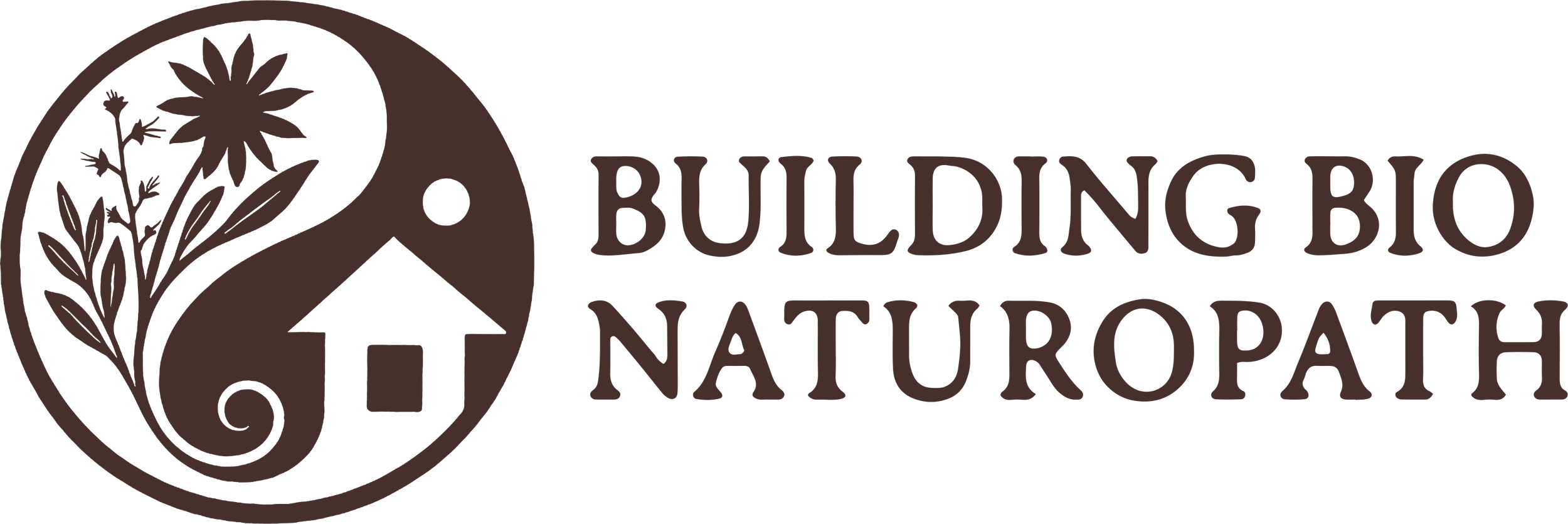 Logo for Building Bio Naturopath featuring a stylized yin-yang symbol with a flower and leaf design, and the company name in brown text.