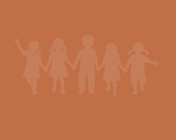 Silhouettes of five children holding hands against an orange background.