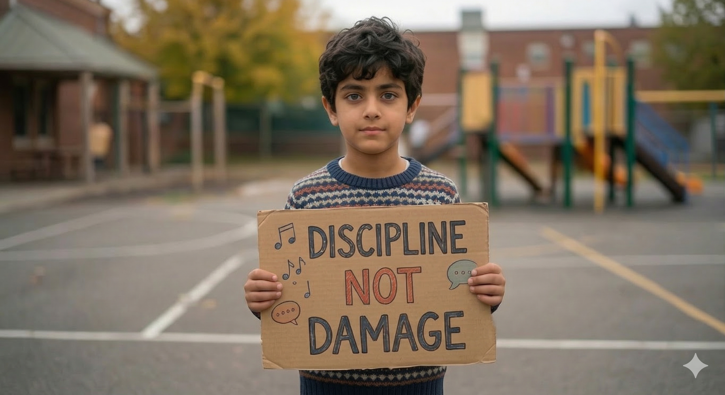 A young boy standing on a playground holding a cardboard sign that reads 'Discipline Not Damage', with trees and playground equipment in the background.