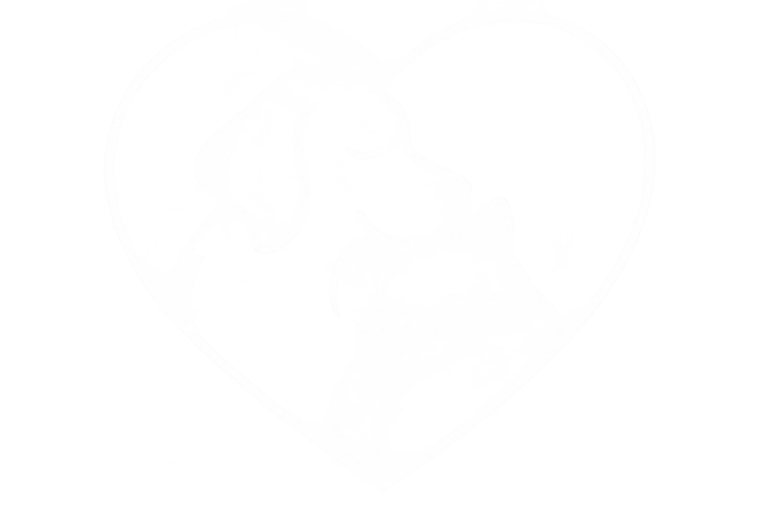 A white heart shape with an outline of a dog and a dog facing each other, inside the heart.