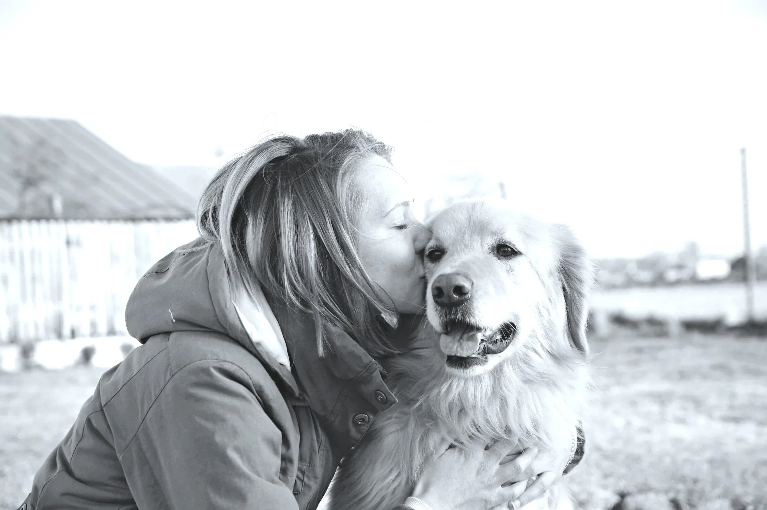 A woman kissing a Golden Retriever dog outdoors.