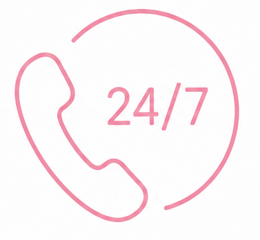 Pink outline of a telephone receiver with '24/7' inside, indicating 24/7 customer support or contact service.