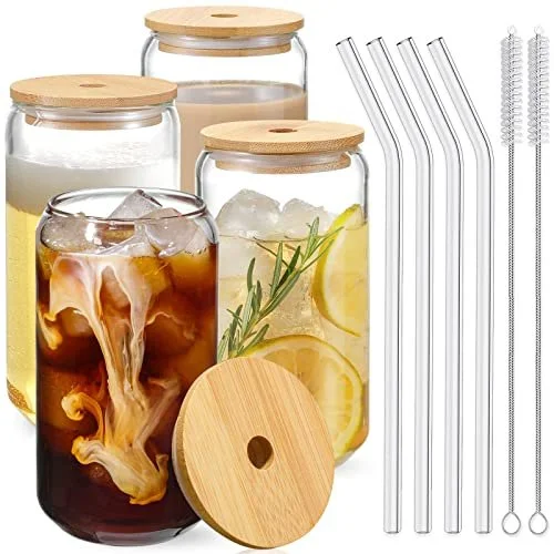 16oz Glass Cups with Bamboo Lids and Straws