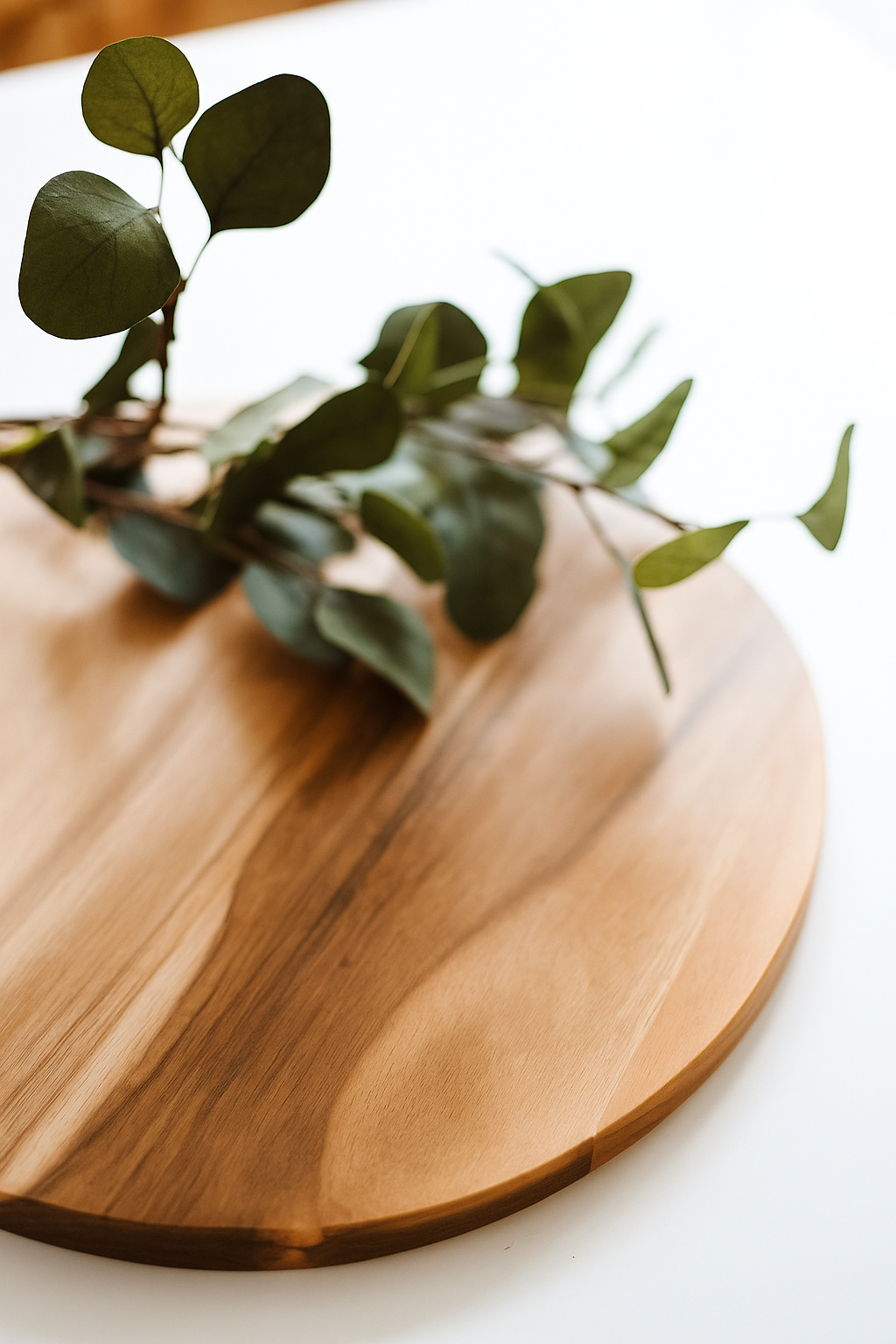 A wooden serving board with a sprig of green eucalyptus leaves resting on it.