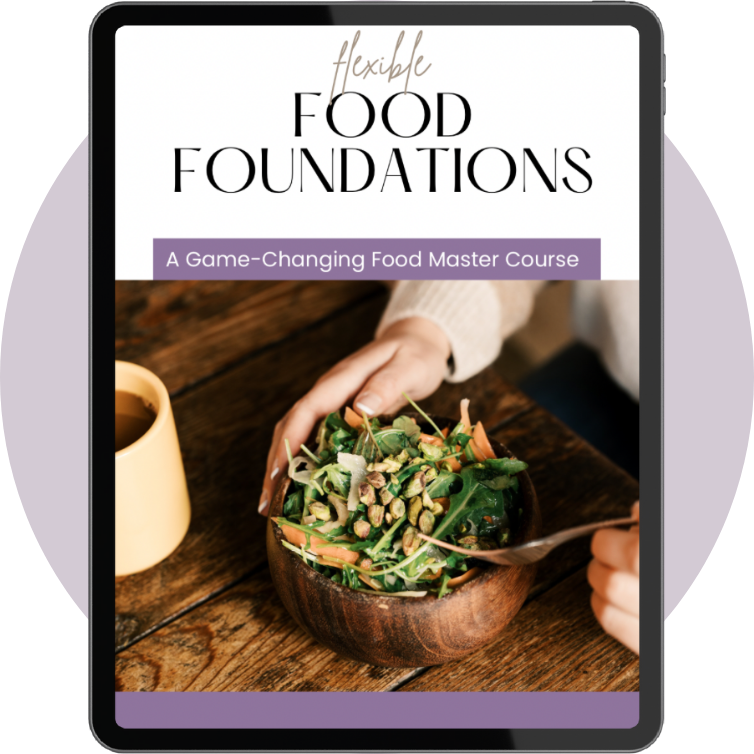 Cover of a food course titled 'Flexible Food Foundations' showing a person mixing a green salad with nuts in a wooden bowl on a wooden table, with a cup of coffee nearby.