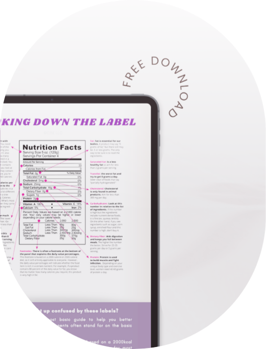 Digital tablet displaying a nutrition facts label with pink annotations and a heading 'Breaking Down The Label,' on a white background with circular text that says 'Free Download.'