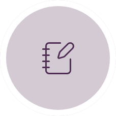 Icon of a notepad with a pen on a light purple background