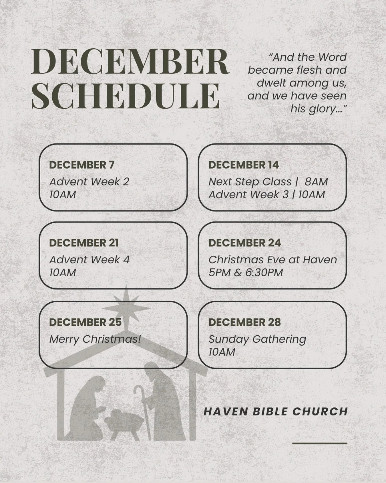 Mark your calendars for December and join us at Haven! ❄️

Haven Bible Church | Sun 10am | 3525 E 57th Ave