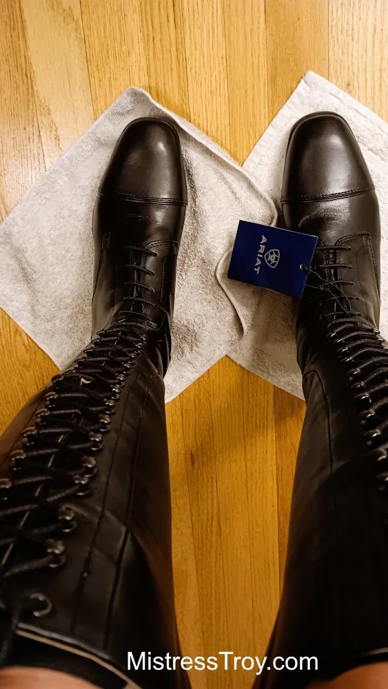 Trying on new Ariat riding boots from My boot boy, received in June 2026 -- A perfect fit!