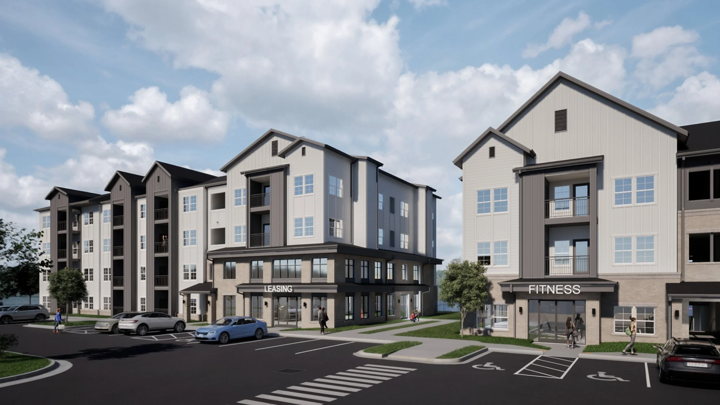 Exterior view of Alleghany Crossings in Charlotte NC, showing the building facade and surroundings.