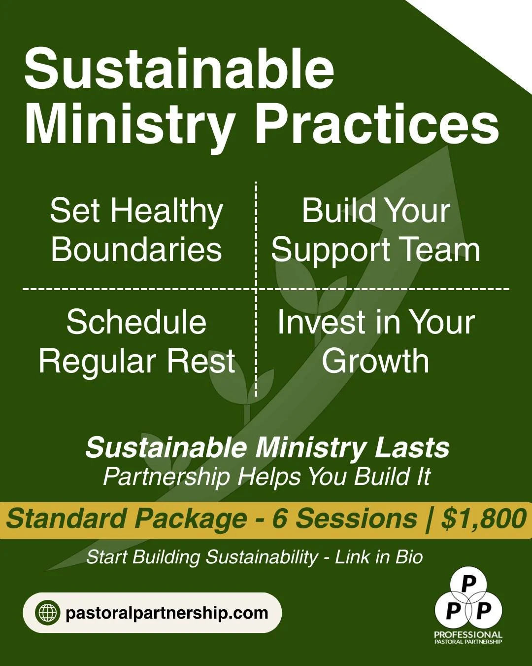 &quot;Sustainable ministry isn't about doing less,  it's about doing ministry wisely! 
🌱 Four practices that transform ministry longevity: Set healthy boundaries, build your support team, schedule regular rest, and invest in your growth. These aren'