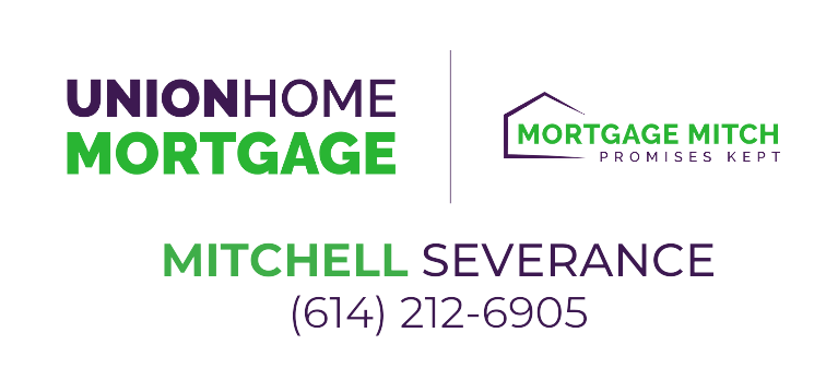 Purple and Green logo of Union Home Mortgage and Mortgage Mitch with Mitch's phone number
