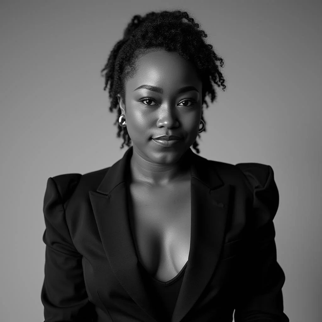 Black and white portrait of a confident woman with natural curly hair, wearing a blazer and hoop earrings, looking directly at the camera.