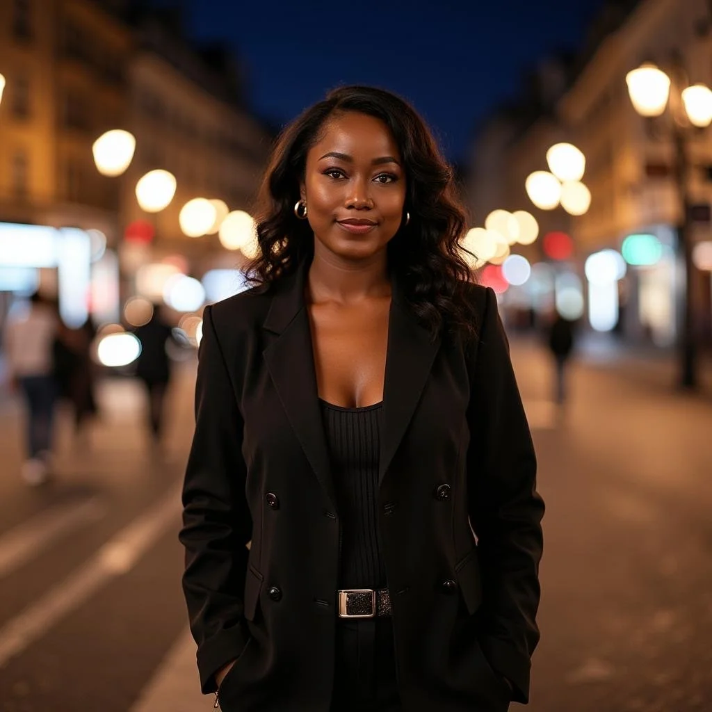 A confident woman with dark hair and hoop earrings stands on a city street at night, wearing a black blazer and smiling gently.