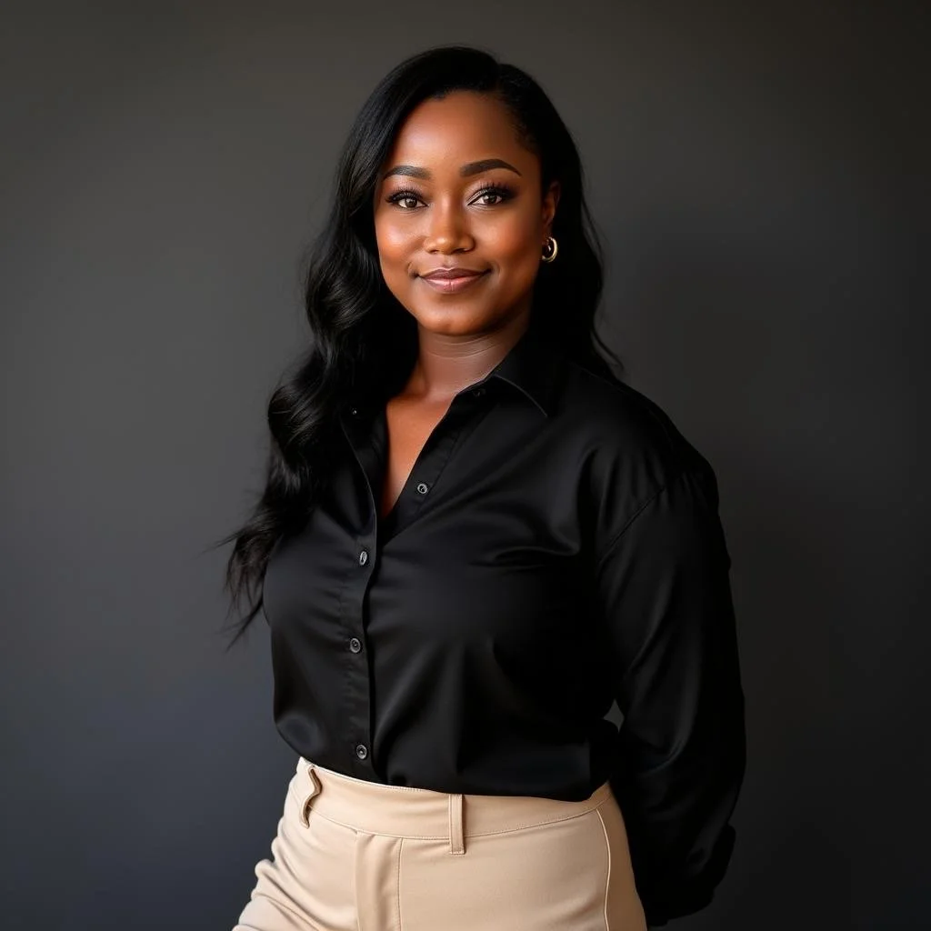 A confident woman with long black hair styled in loose waves, wearing a black satin button-up shirt and beige pants, standing against a dark gray background.