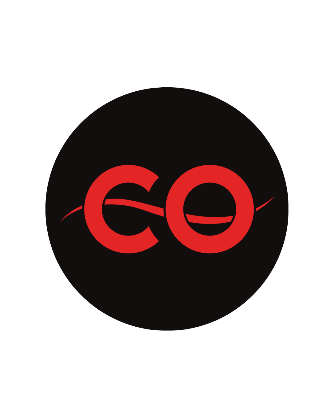 A black circular background with red letters 'CO' and a red line extending behind the letters.