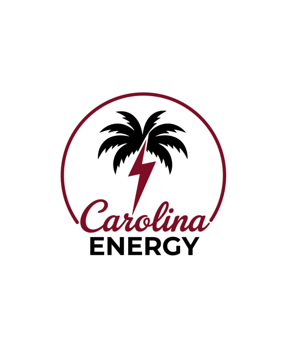 Logo for Carolina Energy featuring a black palm tree with a red lightning bolt through its center, and the company name in maroon and black text.