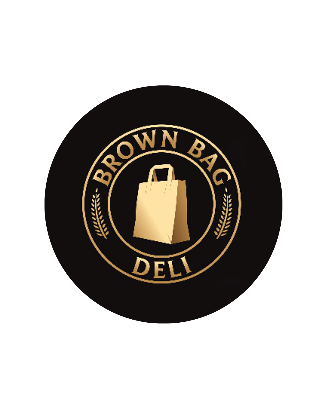 A logo with a gold shopping bag in the center, encircled by the words 'BROWN BAG DELI' with gold decorative wheat accents on a black background.