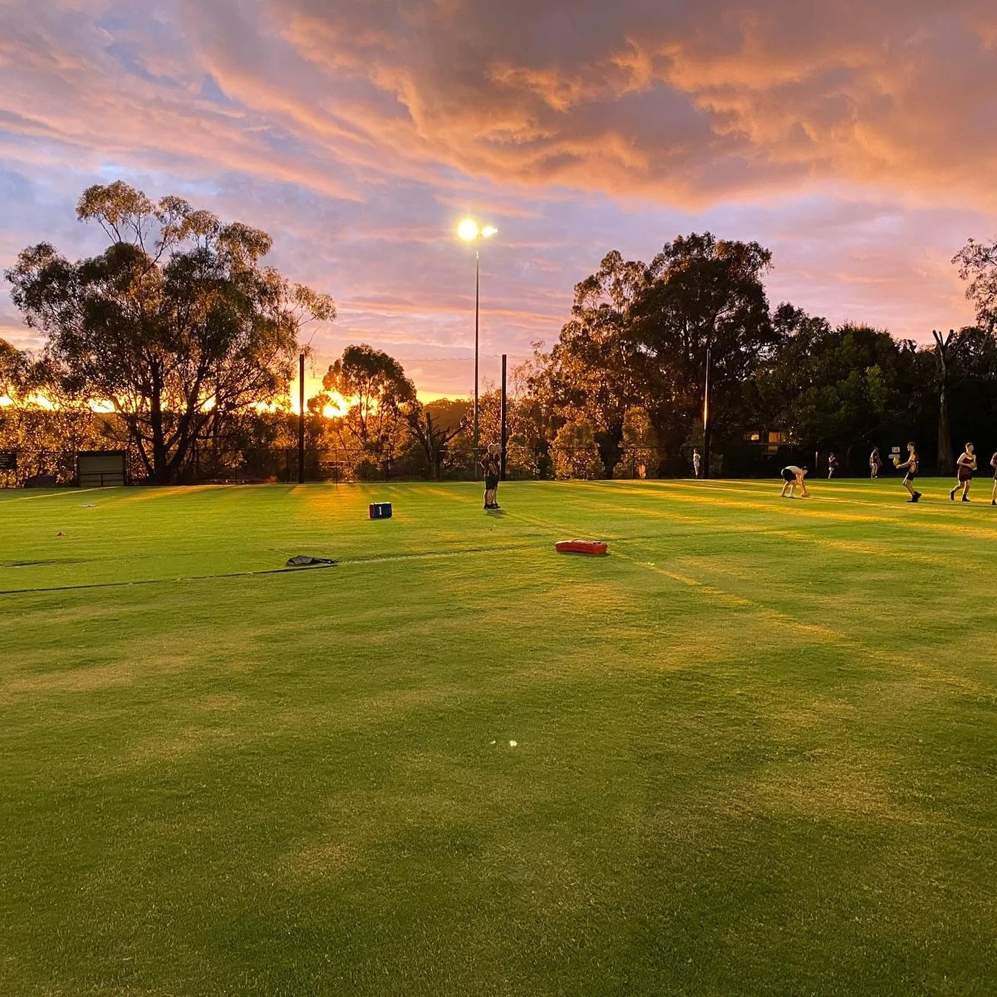 A golf practice range at sunset with people in sportswear practicing swings, surrounded by trees and a sky with pink and purple clouds.