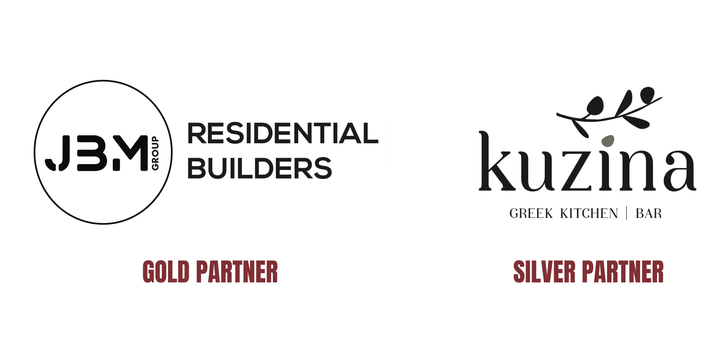 Partnership logos for J3M Group Residential Builders and Kuzina Greek Kitchen Bar, with text indicating Gold Partner and Silver Partner respectively.