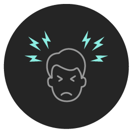 a line style icon of a mans head with eyes closed and lightning bolts coming off of his head to represent a headache
