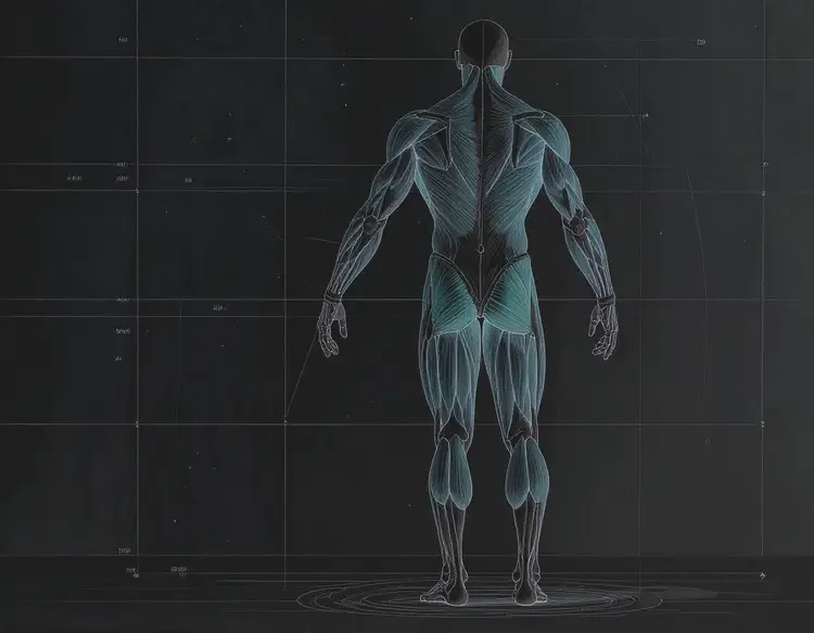 An anatomical illustration of the human muscular system from the back, showing muscles in teal and white lines on a black background with grid lines.