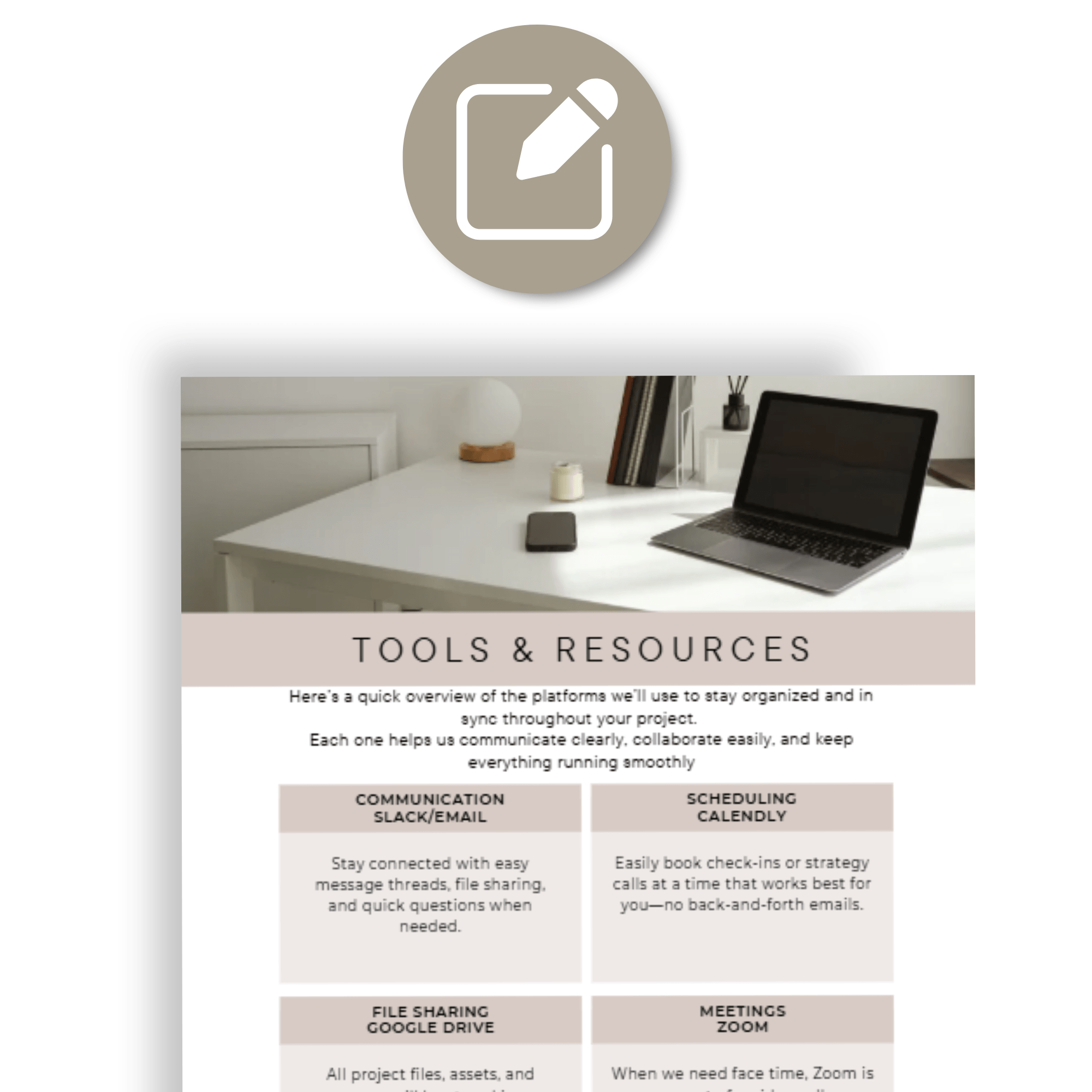 A laptop on a desk with office supplies, above a Tools & Resources document listing Canva templates, communication, and scheduling tools.