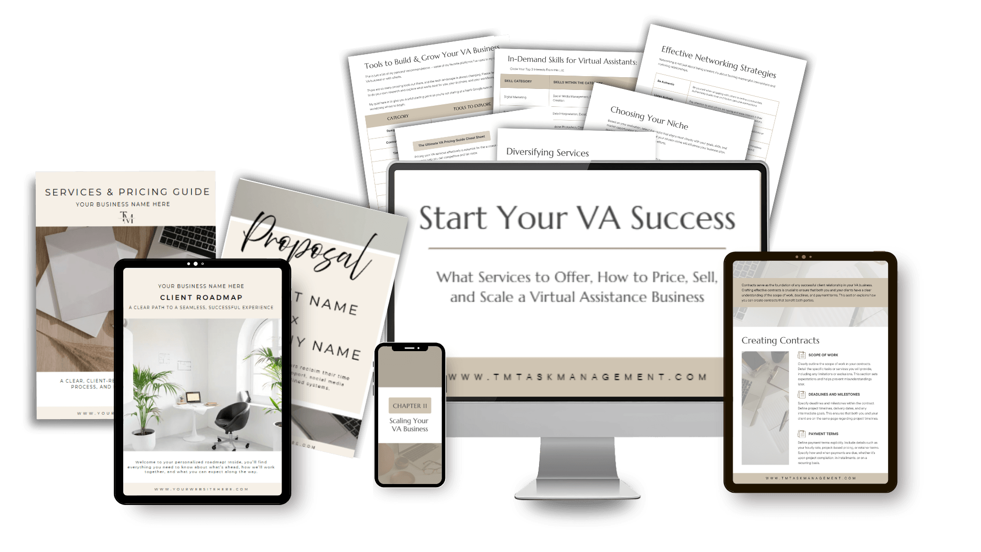 A collection of digital business guides, checklists, and devices titled Start Your VA Success for Virtual Assistant Business services.