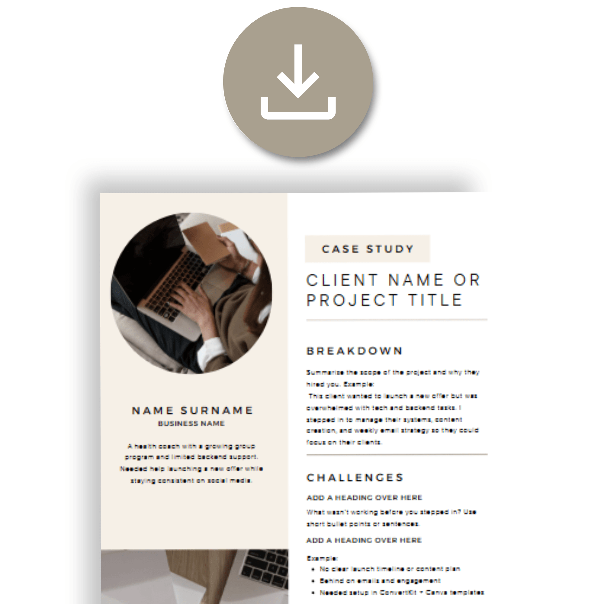 An image of a case study template inspired by Canva templates, with a download icon and sections for name, project title, and breakdown.