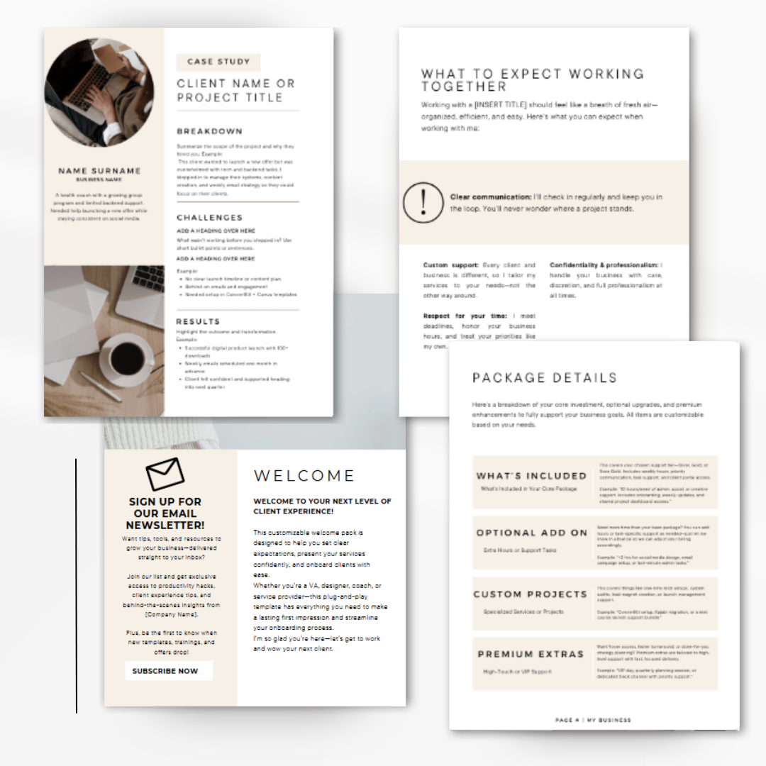 Editable Canva Client Onboarding and Proposal template with welcome, proposal, pricing, and FAQ pages.