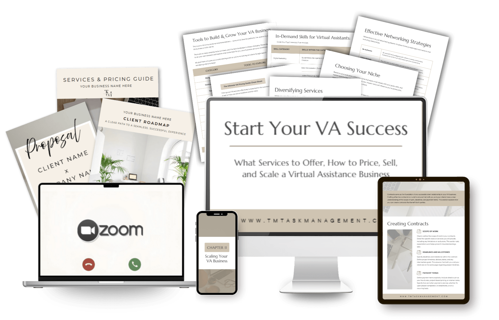 A collection of digital business guides, checklists, and devices titled Start Your VA Success for Virtual Assistant Business services.