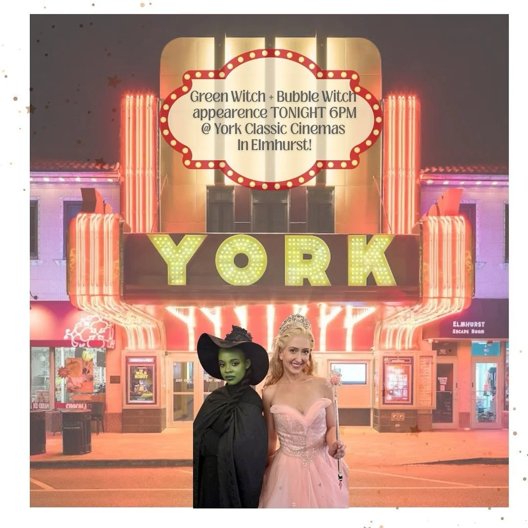 ✨🪄 TONIGHT AT 6PM! 🪄✨
Dash of Dust Studios&rsquo; Green Witch + Bubble Witch are landing by broomstick &amp; bubble at York Classic Cinemas in Elmhurst to celebrate the upcoming film FOR GOOD!

They&rsquo;ll be meeting fans before the showing-but p
