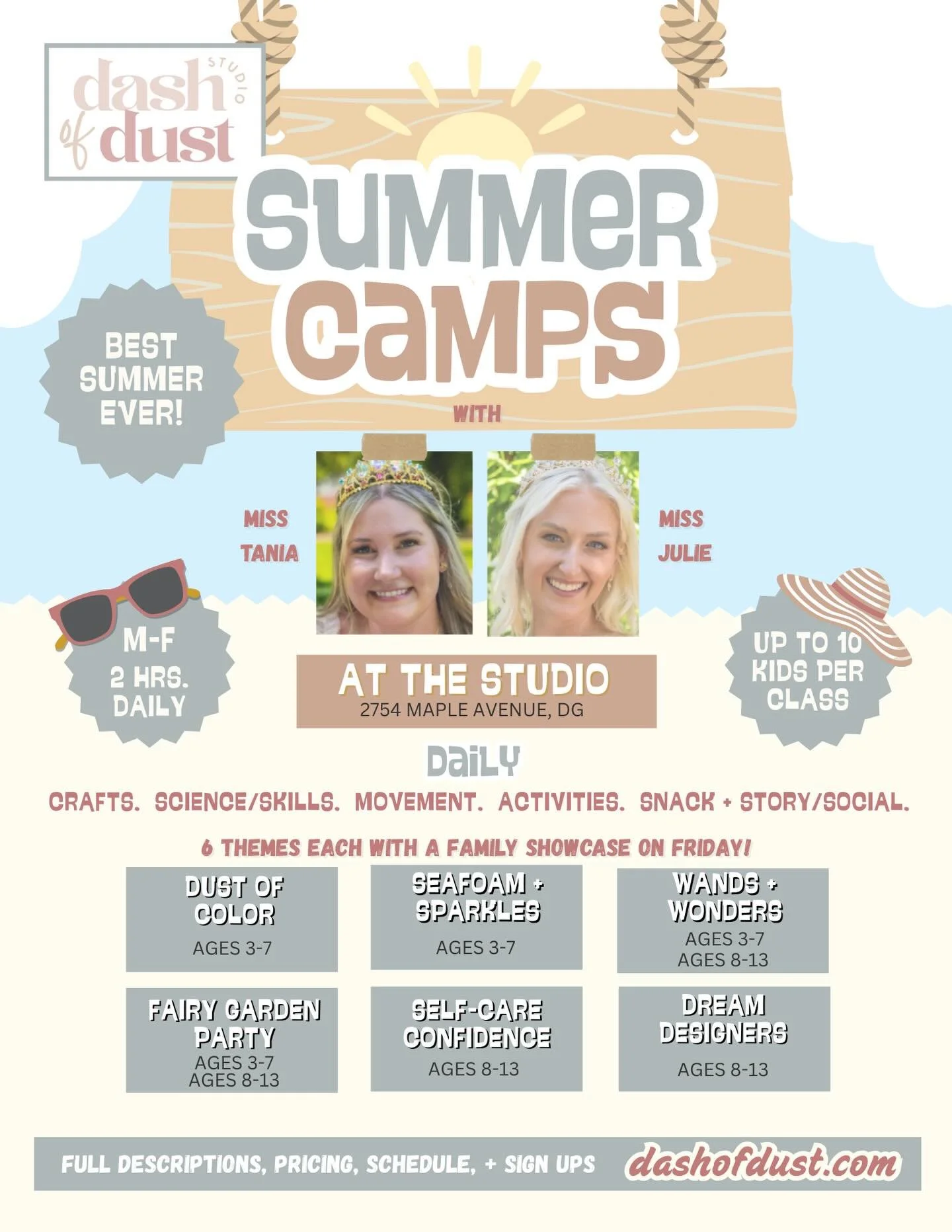 ☀️✨ SUMMER CAMPS ARE LIVE + SIGN-UP LINK IS IN BIO ✨☀️

It&rsquo;s officially happening &mdash; Dash of Dust Studio Summer Camps are OPEN and ready for your little dreamers 💫

Here&rsquo;s the magic lineup&hellip;

🎨 Dash Of Color
📅 June 1&ndash;5