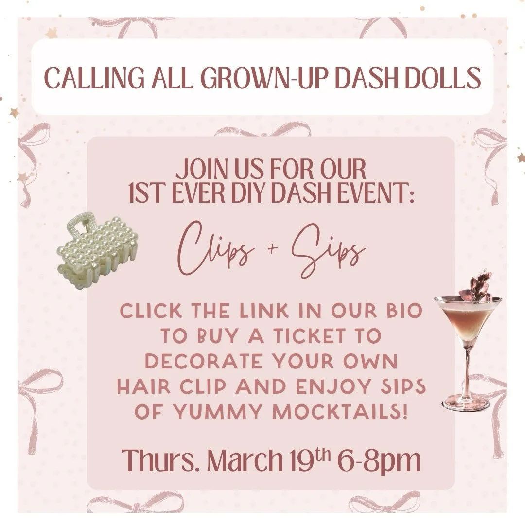 ✨🎀 Decorate Hair Clips + Sip Mocktails |INTRODUCING THE DIY DASH EVENT SERIES 🍹✨

For High School age and up- you deserve a fun night! a sparkly, creative, music-filled, mocktail-sipping kind of night. 💕

Join us at Dash of Dust Studio for Clips +