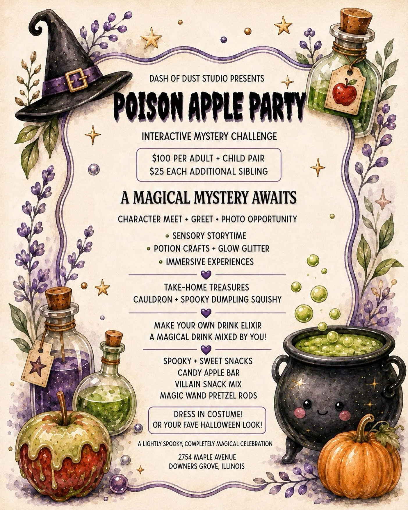 🍎 Calling all little villains, potion makers + magical mischief-makers! 🧪✨

Something lightly spooky and completely magical is brewing at Dash of Dust Studio&hellip;

Join us for our POISON APPLE PARTY&mdash;an interactive mystery adventure filled 
