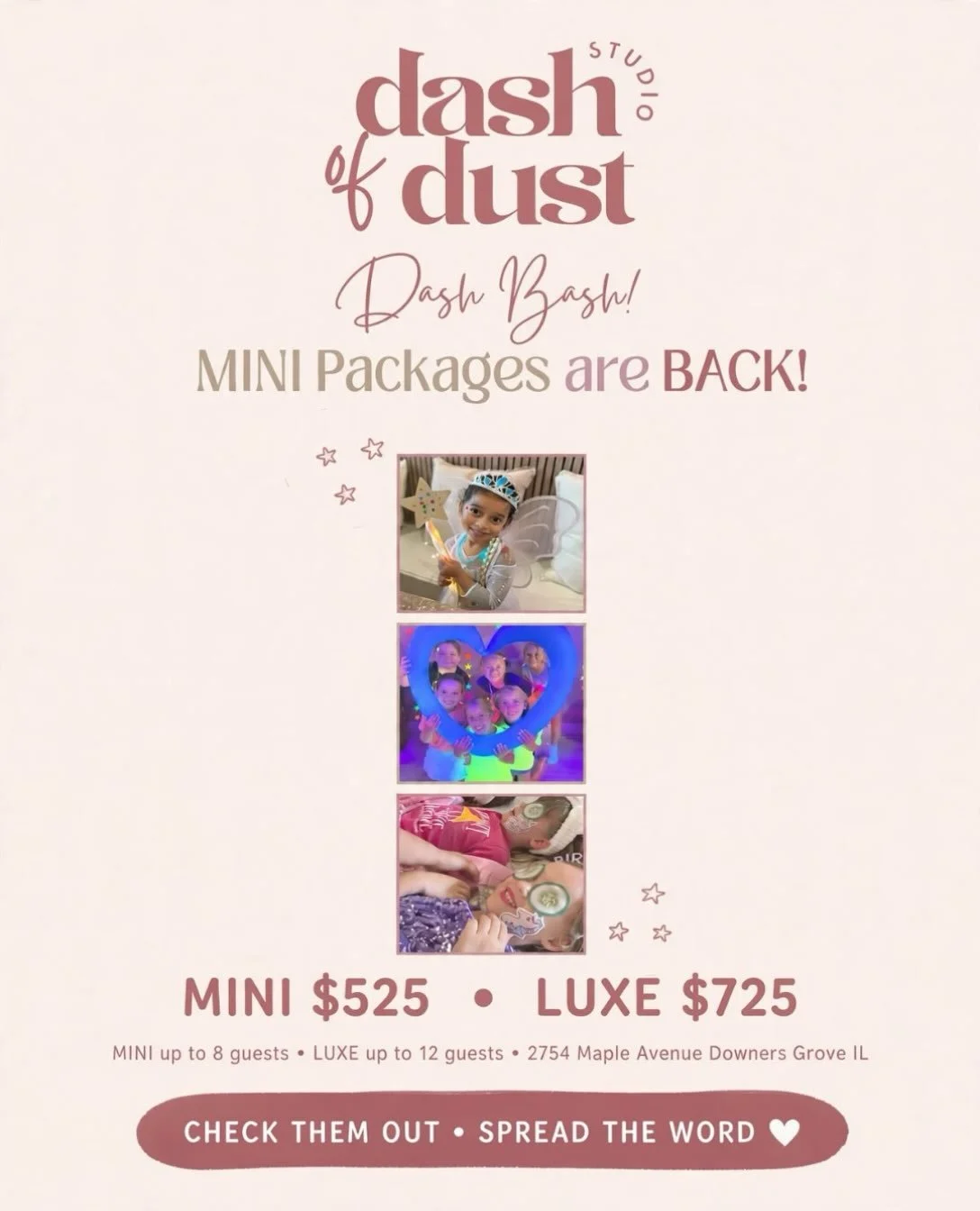 ✨ Big news, Dash Bash families! Mini Packages are BACK- and we&rsquo;ve refreshed our Luxe pricing, too! ✨

We&rsquo;ve been learning as we go and figuring out the package options that feel right for our families. We&rsquo;re so excited to share them