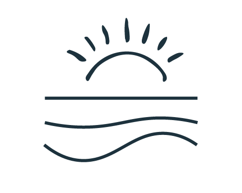 Minimalist line drawing of a sunrise over water with waves.